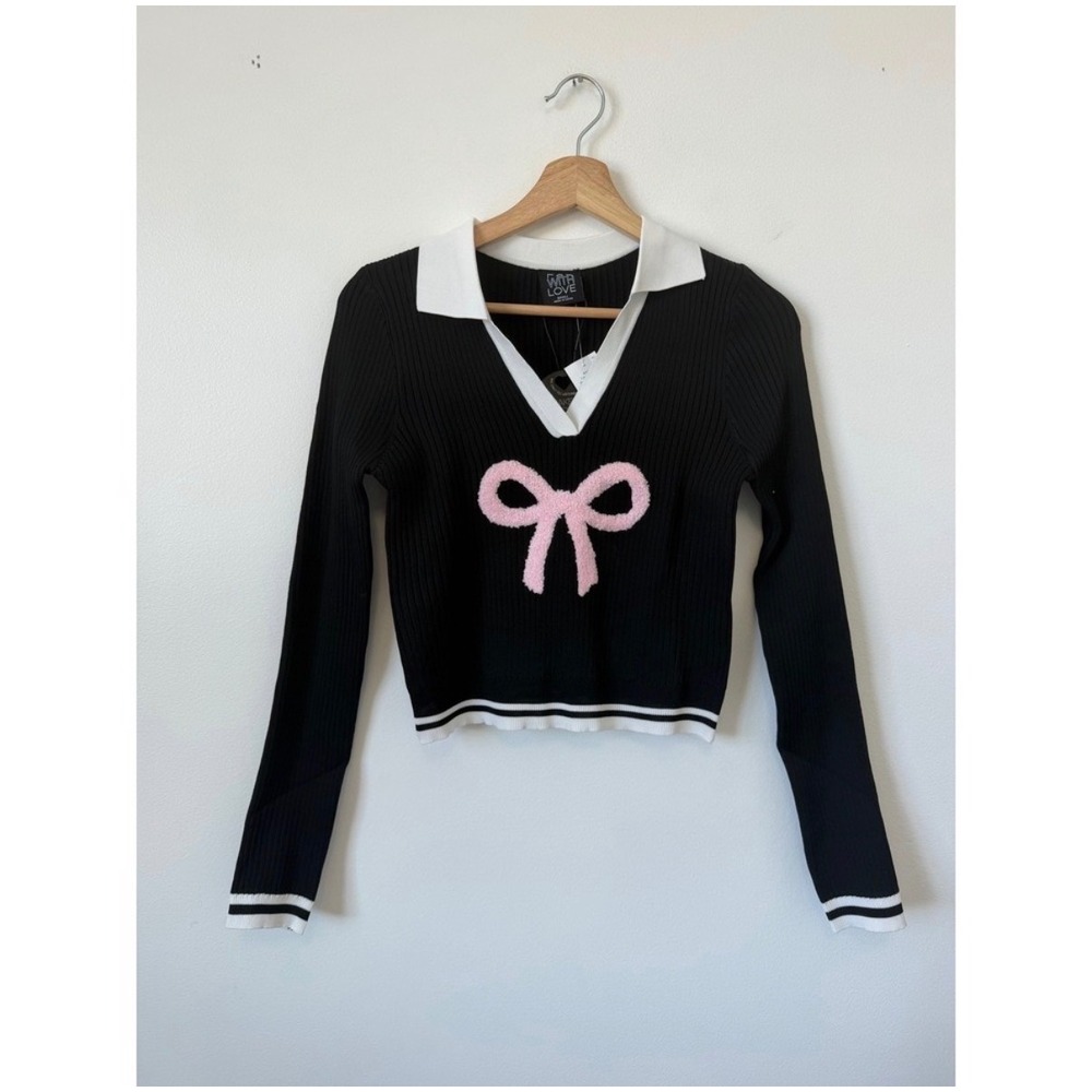 Forever 21 FCT With Love Collared Cropped Graphic Bow Sweater Size Extra Large - Picture 2 of 4